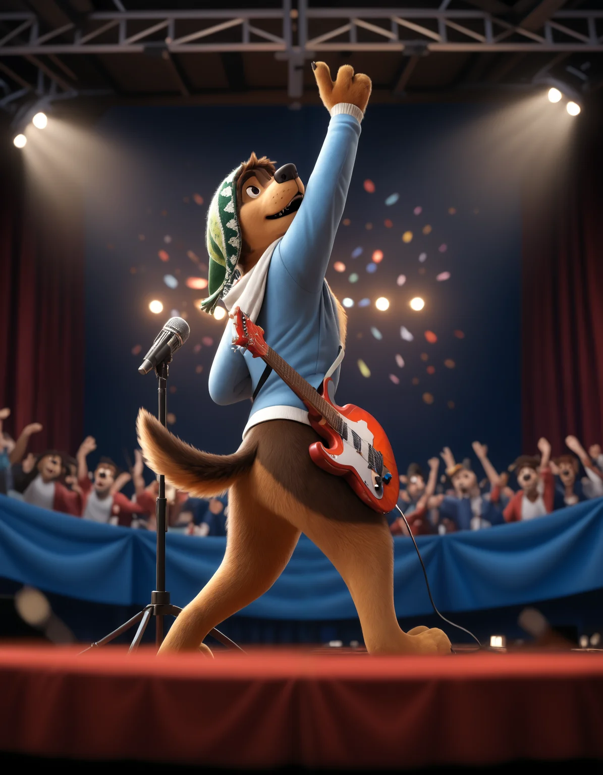 score_9, score_8_up, score_7_up, BREAK (anthro, furry:1.1), depth of field, cinematic lighting, masterpiece, detailed hands, detailed face, best quality, ultra realistic, 4k, 2k, film photography, RAW photo, photorealistic, analog style, subsurface scattering, photorealism, embedding:unaestheticXL_bp5, embedding:zPDXL,(best quality, high quality, 8K:1.5), <lora:add-detail-xl:2.5>, <lora:fix_hands.safetensors:2.0>, <lora:2.5DRealisticV2.safetensors:0.2>, <lora:sinfully_stylish_SDXL.safetensors:0.6>, <lora:AdvancedEnhancerXLv2.safetensors:1.0>, (hi res), ((masterpiece)), ((best quality)), illustration, anthro, furry, (hi res), ((masterpiece)), ((best quality)), illustration, anthro, furry, <lora:Bodi_Rock_Dog.safetensors:0.8>, bodi, rock dog, teeth, blurry background, furry, spotlight, pectorals, hoodie, blurry, bandana, open shirt, dog instrument, microphone, furry, dog_tail, guitar, microphone_stand, concert