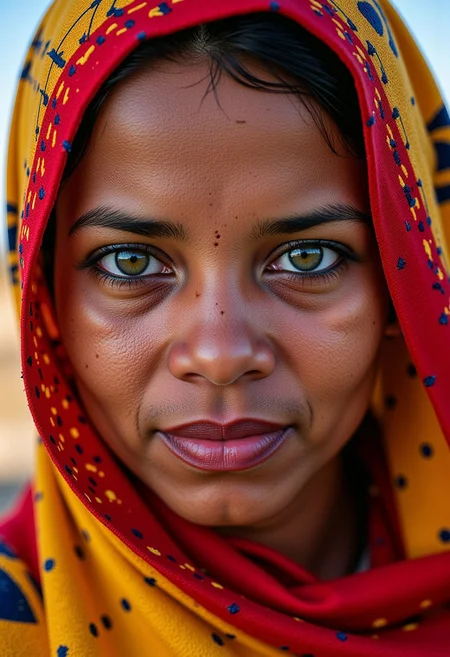 A breathtaking work of fine art photography, inspired by the iconic style of Steve McCurry, portrays a powerful portrait of a young Somali woman with striking green eyes. This cultural snapshot captures the essence and humanity of its subject through emotive imagery that transcends mere documentation. Rich colors burst from every corner of the frame, as if harkening to the vivid textiles and warm tones typical of the region's culture. The image was captured on analog film, imbuing it with a natural grain reminiscent of Kodachrome film stock. Intricate details abound in this masterpiece a from the delicate patterns adorning the woman's traditional headdress to the subtle wrinkles around her eyes that speak volumes about her life and experiences. The image is insanely detailed, yet maintains an organic feel through its use of natural lighting and expert compositional techniques, evoking a sense of intimacy and connection with the subject. This award-winning photography showcases the power of film as a medium for capturing not just images, but moments steeped in emotion and human storytelling.