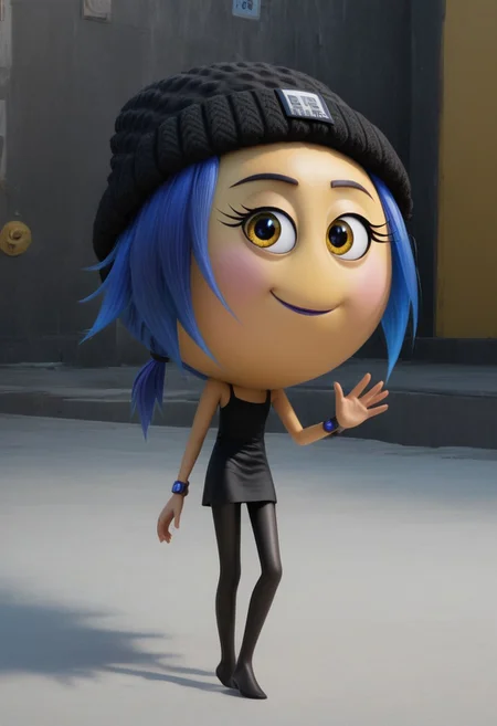 jailbreak, 1girl, yellow emoji, blue hair, ponytail, yellow sunshine eyes, pink cheeks, purple lipstick, round head, big head, chibi, no neck, black beanie with a skeleton on it, black code breaker watch with blue light, short black dress, black skinny tights, score_8_up, score_7_up, BREAK, 1girl, solo, looking at viewer, cute, smiling, smug, walking, waving at viewer, female focus, looking at viewer, detailed background, 4k, masterpiece, best quality, highly detailed, realistic, 3d, full shot