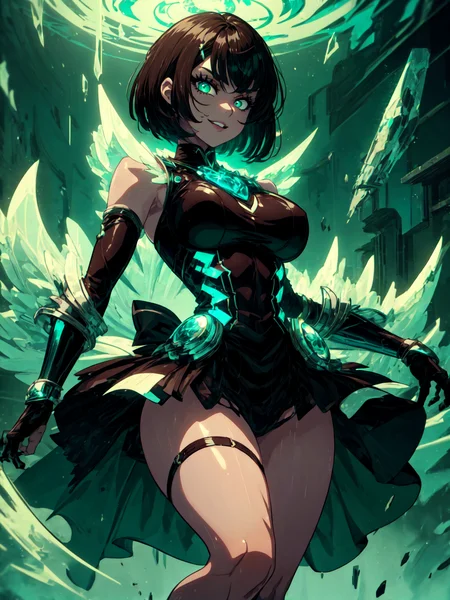 <lora:add_detail:0.25>, (1girl, solo, adult female, mature female), <lora:concept_goodHands:1>, <lora:detailed_eyes:1>, dark brown hair, choppy bob haircut, teal eyes,
<lora:style_uraniumTech_(uraniumtech--radiation--scifi--nuclear--transparent):0.95>, uraniumtech, 
[muscular, biceps], abs, leg muscles, thigh muscles, 
uraniumtech magical girl, magical girl pose, smile, parted lips, glowing green eyeliner,