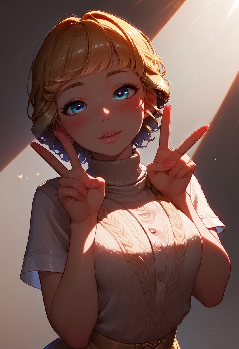 (score_9, score_8_up, score_7_up), 1girl, blonde curly hair,  thick bangs, braids, small perky breasts, cleavage, pretty face, petite, blushing, shiny skin, pink wool knitted no sleeves, v neck sweater vest button up heart buttons only one button holding it together, cute pose, shot from above, detailed background, rays, volumetric lighting,