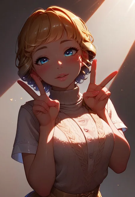 (score_9, score_8_up, score_7_up), 1girl, blonde curly hair, thick bangs, braids, small perky breasts, cleavage, pretty face, petite, blushing, shiny skin, pink wool knitted no sleeves, v neck sweater vest button up heart buttons only one button holding it together, cute pose, shot from above, detailed background, rays, volumetric lighting,