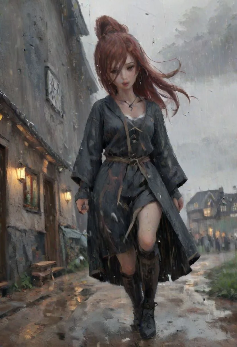 impressionist painting, WLOP_illustration_style, fantasy, medieval, wood, inn, muddy road, evening, overcast, (fisheye:1.5), from below, sky, dramatic clouds, dark, gray, (heavy raining:1.5), desaturated, painting, (rough brush strokes:1.25).
Redhead, woman (far in background:2), _fox ears_, Enigma_Kitsune, heavy clothes, cloak, dancing, laughing at sky, spinning, long hair