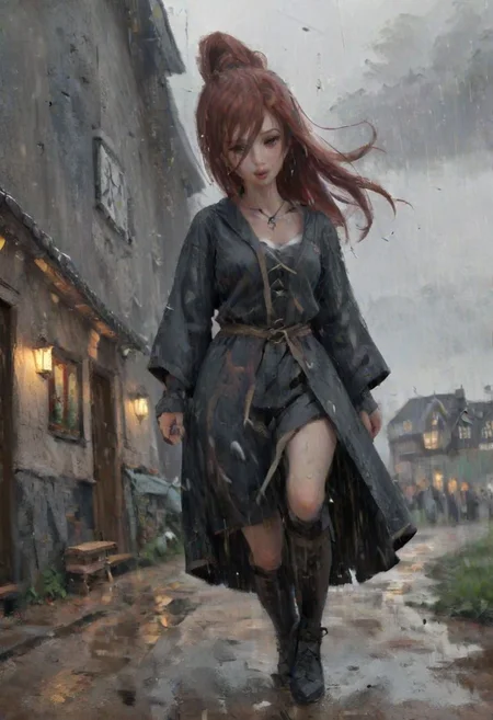impressionist painting, WLOP_illustration_style, fantasy, medieval, wood, inn, muddy road, evening, overcast, (fisheye:1.5), from below, sky, dramatic clouds, dark, gray, (heavy raining:1.5), desaturated, painting, (rough brush strokes:1.25).
Redhead, woman (far in background:2), _fox ears_, Enigma_Kitsune, heavy clothes, cloak, dancing, laughing at sky, spinning, long hair
