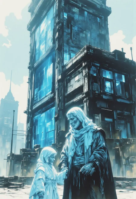 OBxiaoxiang, inksketch ,portrait ,hologram model, long dress, dystopian atmosphere, hazy fog, hologram taller than the small building and next to it, looking down at a small figure in robe
