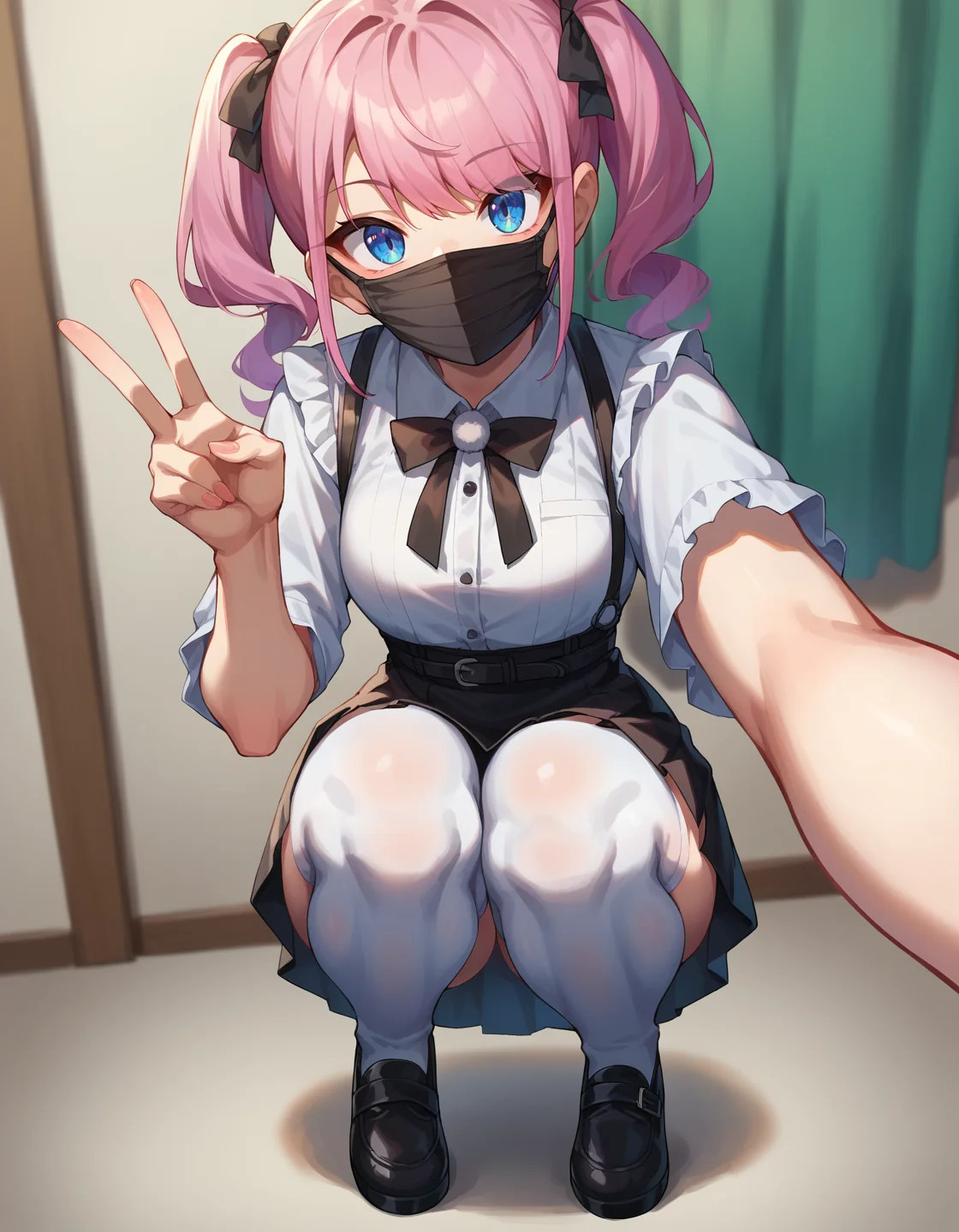 <lora:jirai_kei_style_pony:1> score_9, score_8_up, score_7_up, score_6_up, score_5_up, score_4_up, source anime,
jirai kei, 1girl, mouth mask, solo, mask, skirt, selfie, squatting, thighhighs, looking at viewer, v, black skirt, white thighhighs, shirt, twintails, blue eyes, white shirt, black mask,