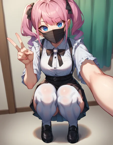 <lora:jirai_kei_style_pony:1> score_9, score_8_up, score_7_up, score_6_up, score_5_up, score_4_up, source anime, 
jirai kei, 1girl, mouth mask, solo, mask, skirt, selfie, squatting, thighhighs, looking at viewer, v, black skirt, white thighhighs, shirt, twintails, blue eyes, white shirt, black mask,