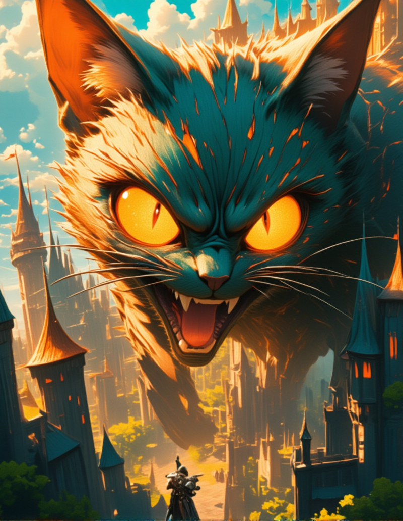 <lora:MW_Minis02flux:1> m1md, absurdres, blue, bokeh, brown, closeup, epic, epic details, epic scale, fire veins, furious, cute huge cat with huge globulous eyes full of emotion,  green, hid15, lava color, medieval buildings, orange, outdoors, shiny diamonds, t10, t7, trees, castle, animation, tiny knights,
