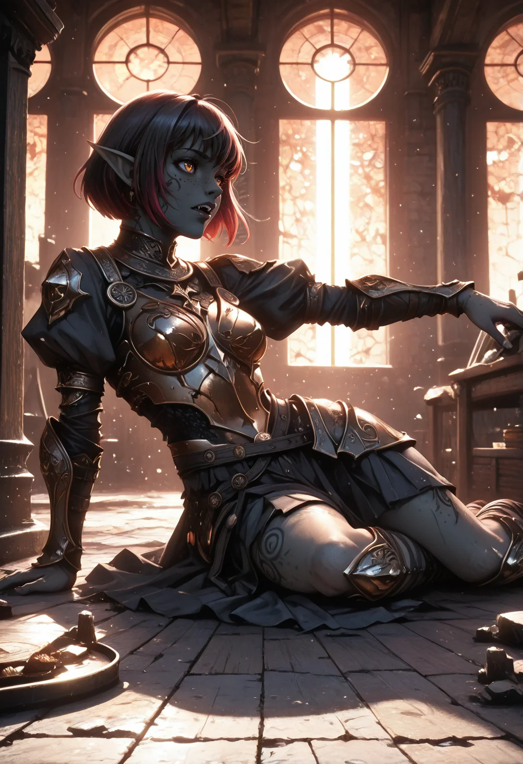 realistic, very awa, ambient occlusion, ray tracing, [sei shoujo], [yoshiten], [takeuchi_takashi], [libbyframe], style parody, [bang_dream!], [arcane:_league_of_legends], [league_of_legends], saturated, colorful, (dynamic angle:1.3), (cowboy shot:1.2) BREAK 1girl, solo, <lora:Orc:0.5> half orc, (fangs), pointed ears, (tusks), muscular female, deep amber hair, short bob hair, amber eyes, colorful tattoo , body freckles, (dark grey skin:1.2), athletic body, thick thighs,, , perfect hands, dark lips, (mischievous), BREAK paladin, wearing long sleeved (detailed <lora:Copper_and_Bronze:0.4> copper plate armor cuirass), Juliet sleeves, dark pink accents, holy symbol, clerical collar, sam browne belt, maxi skirt, gladiator sandals, helm, <lora:holy-light-armor-il-01:0.6> holy light armor BREAK medieval, fantasy, indoors, pastoral tower, brick floors, library, frosted glass windows, market outside window, bookcases, reclining, sitting, sitting sideways , arms resting, against door, spring, evening, warm soft light, long shadows, stars,, cinematic lighting BREAK <lora:reij-detaILer:0.9> <lora:light-000167:0.6> <lora:onespeg_art_style:0.7> 0n3sp3g <lora:yazloba_darkfantasy_v.2:0.6>