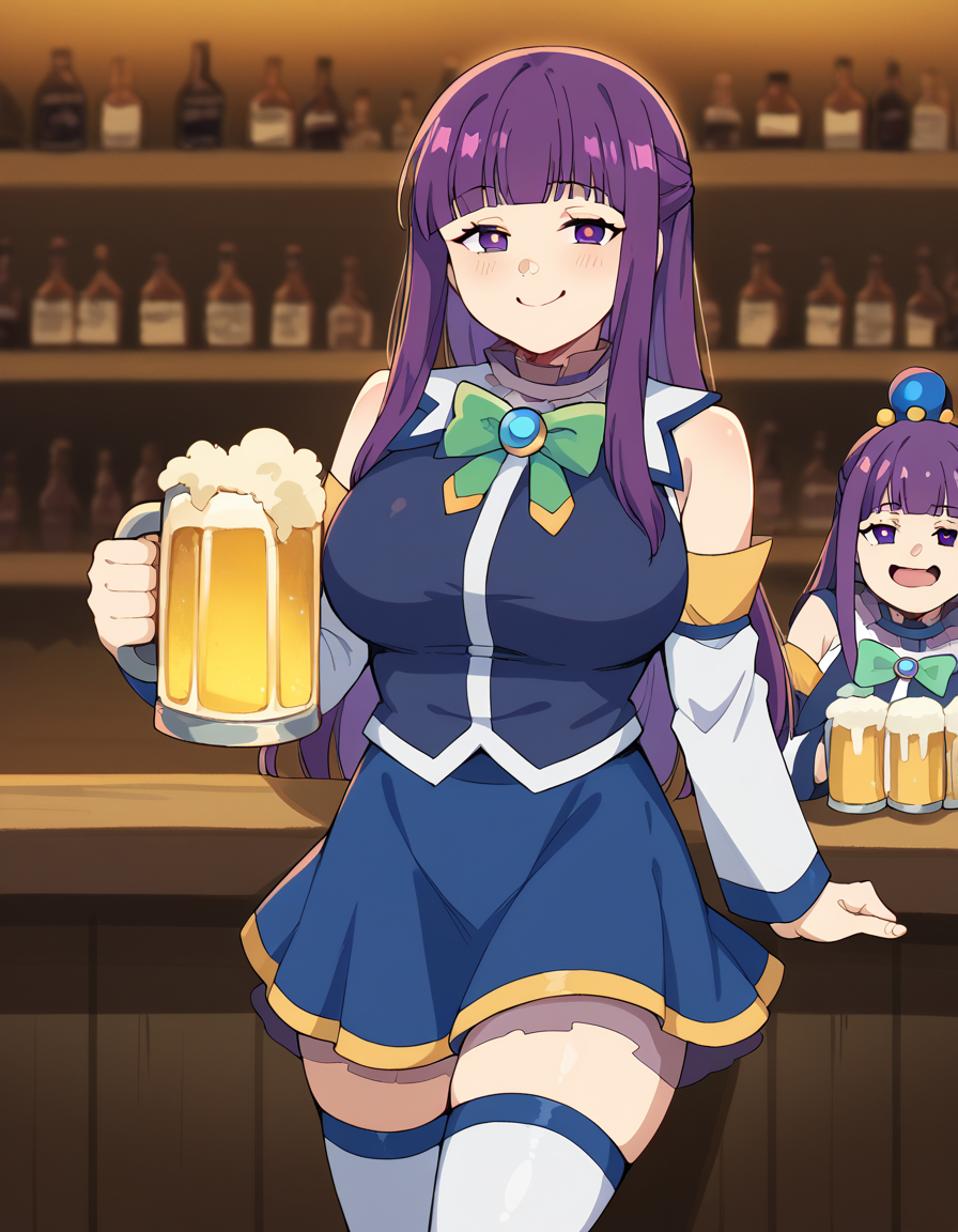score_9, score_8_up, score_7_up, source_anime, <lora:fern-s1-ponyxl-lora-nochekaiser:1>, fern, long hair, bangs, purple eyes, purple hair, sidelocks, blunt bangs, bright pupils, half updo, large breasts, <lora:aqua-cosplay-ponyxl-lora-nochekaiser:1>, aqua cosplay, aqua (konosuba) (cosplay), skirt, shirt, thighhighs, bare shoulders, detached sleeves, white thighhighs, blue skirt, blue shirt, green bow,, bar, beer, beer mug, thumbs up, smile, smug, holding beer mug,,