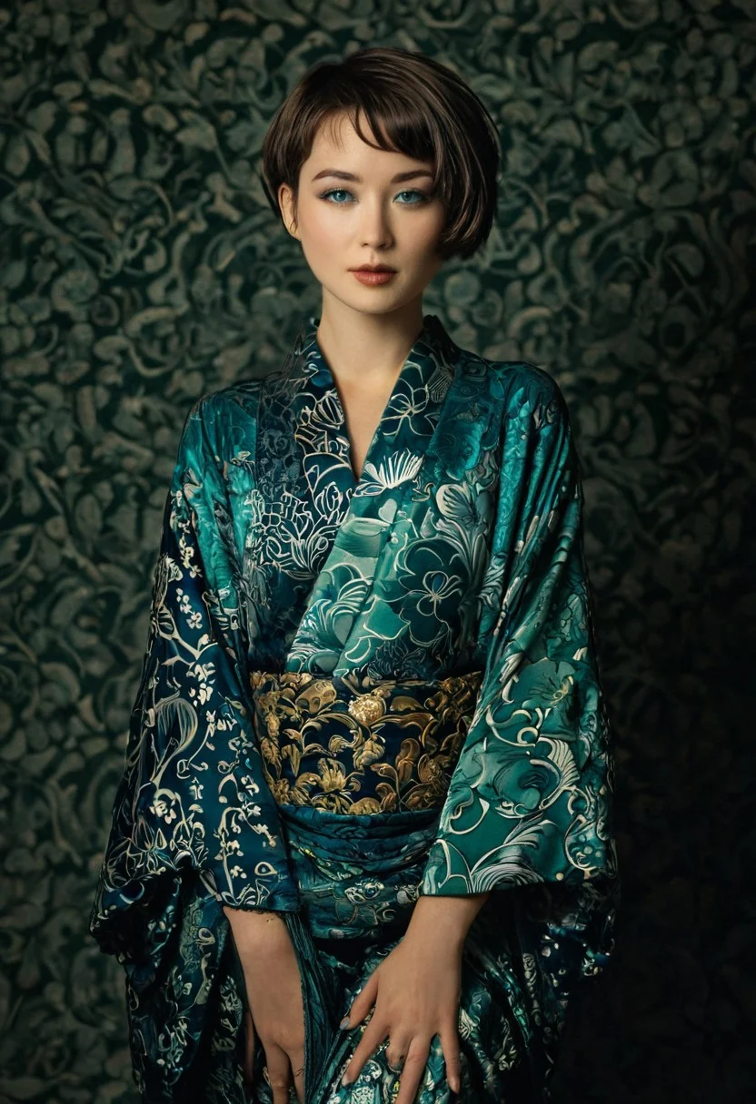 A adorable woman with short hair, wearing an elaborate patterned kimono, poses for the camera. This is a high-fashion photography piece, with a dark and moody aesthetic. The color palette features dark green and blue tones, in an art nouveau style.