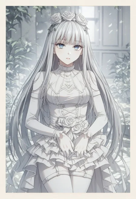 ((white theme:1.75)),((best quality)),((masterpiece)),((ultra-detailed)),(illustration),(detailed light),(an extremely delicate and beautiful),incredibly_absurdres,(glowing),(1girl:1.7),solo,a beautiful girl,(((cowboy shot))),standding,((Hosiery)),((beautiful dress+stocking):1.25),((Belts)),(leg loops),((flower headdress)),((short white hair)),(((beautiful blue eyes))),((english text)),(flower:1.65),(rose),(garden),(((border:1.75))),cozy animation scenes