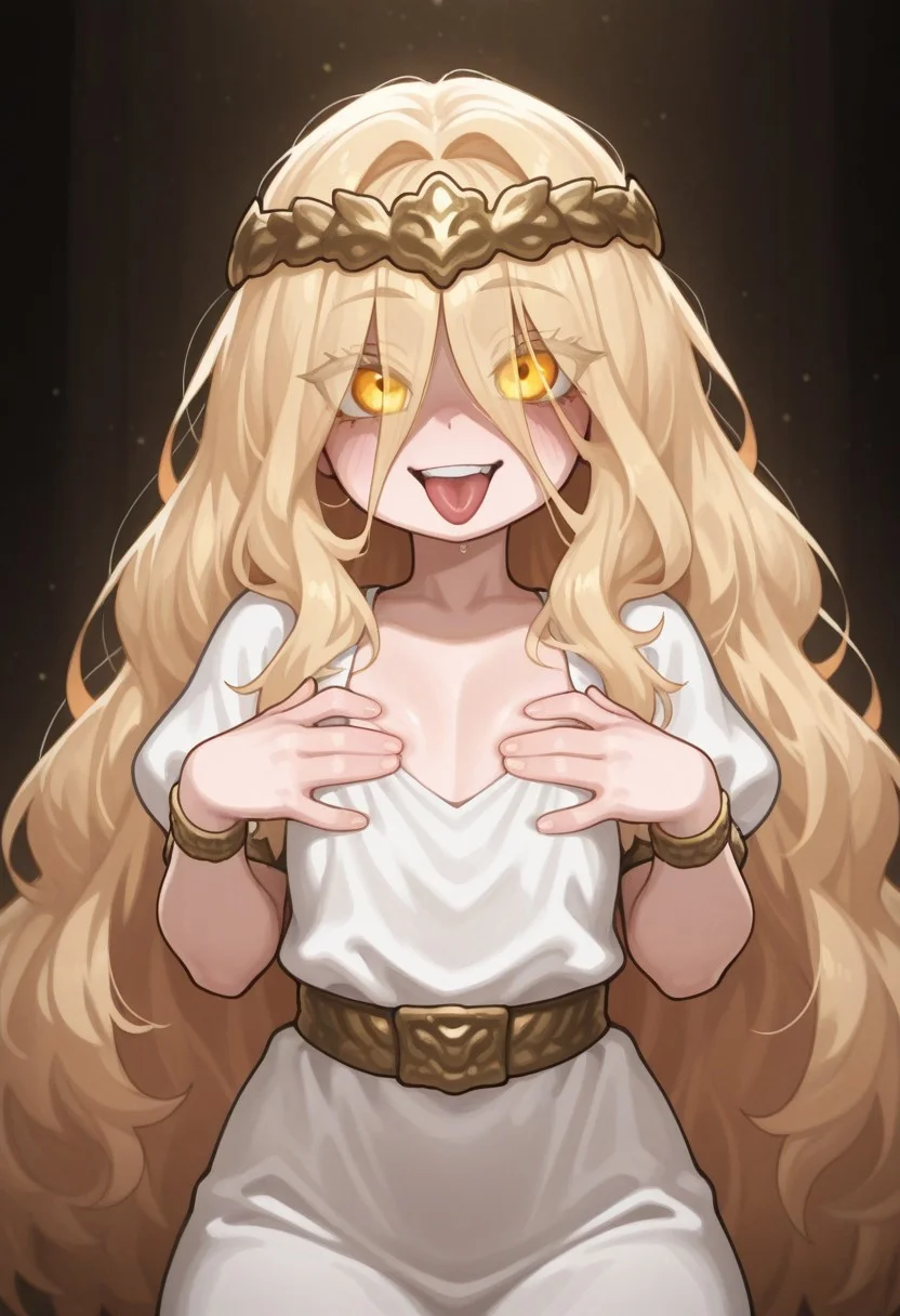 masterpiece, best quality, amazing quality, very aesthetic, absurdres,(miquella),solo,blonde hair,gold diadem,white robe,gold armlet,gold,belt,puffy short sleeves, long hair, hair over eyes, flat chest,front view,smile,mouth open,tongue out,yellow eyes,glowing eyes,colored eyelashes,long eyelashes,hands on breast,