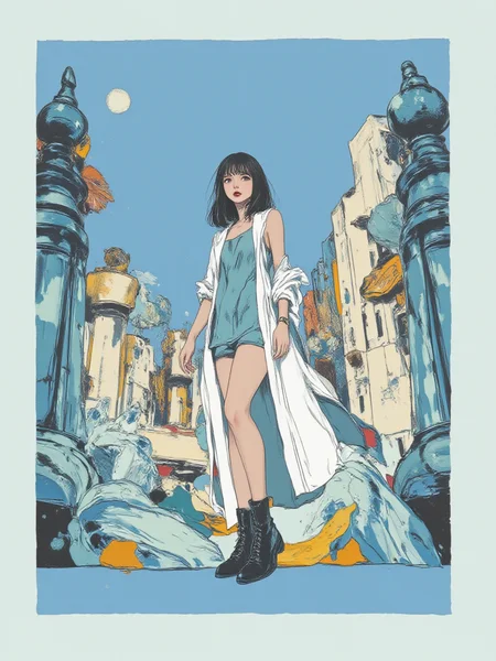 An illustrated image of a woman surrounded by large, floating chess pieces in the middle of an empty city square. background is lotus flower <lora:Midjourney_Whisper_BrushPulse_v01:0.7>, border is pastel blue <lora:inkedgemono-simple_epoch-08:0.9> 1NK3D63SIM <lora:Midjourney_Whisper_Minimal:0.9>
| no deformed hands, no too many limbs, no too many fingers,