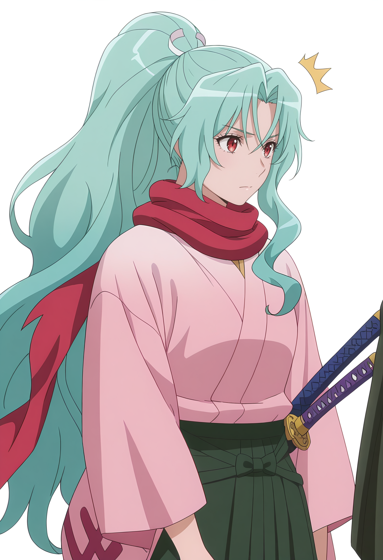 Smooth Quality,masterpiece, ultra realistic,
simple background, white background, 
front view,^^^,wind, 
 <lora:Tomoecnn:0.8> sofia/cnn, 1girl, long hair, scarf, ponytail, red eyes, japanese clothes, katana, green hair, very long hair,