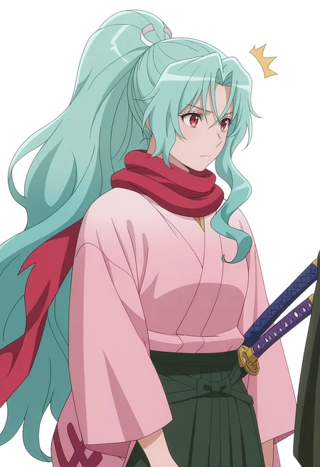 Smooth Quality,masterpiece, ultra realistic,
simple background, white background,
front view,^^^,wind,
<lora:Tomoecnn:0.8> sofia/cnn, 1girl, long hair, scarf, ponytail, red eyes, japanese clothes, katana, green hair, very long hair,