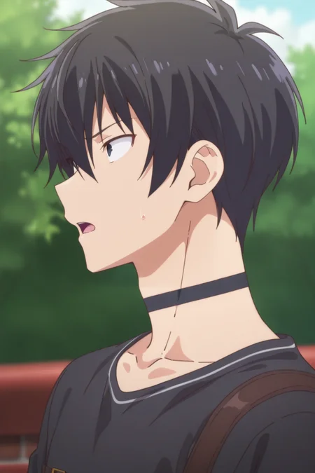 masterpiece, best quality, amazing quality,high resolution,intricate details,official style,depth of field,anime screencap , , , 1boy, solo, male focus, <lora:Setsu_Suzaki:0.90>,setsu suzaki,black hair,black eyes,short hair,open mouth, shirt, collarbone, upper body,black shirt, black choker,from side
