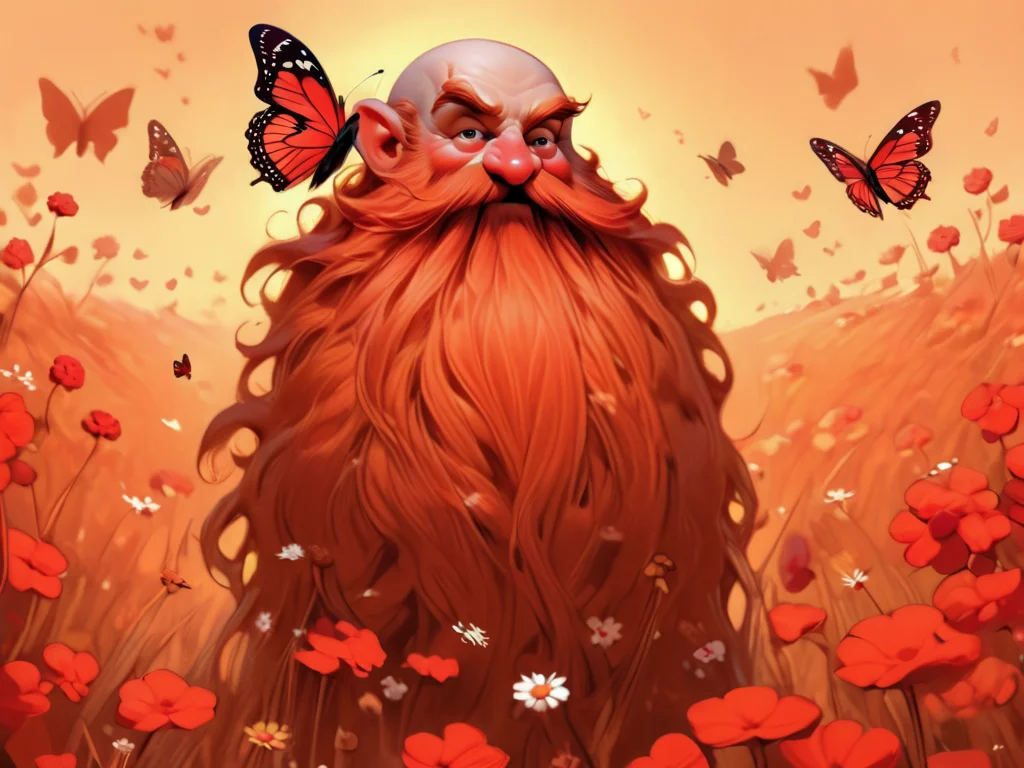 Harry_Dwarf, <lora:Harry_Dwarf:1>, field background, red long beard, butterflies, flowers, sunny day