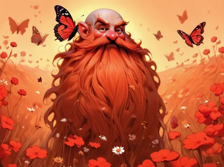 Harry_Dwarf, <lora:Harry_Dwarf:1>, field background, red long beard, butterflies, flowers, sunny day