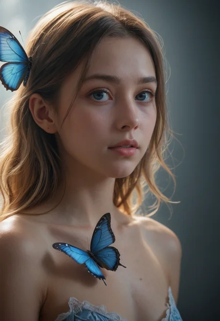 (RAW photo, best quality),(realistic, photo-realistic:1.3),(extremely delicate and beautiful:1.1)1girl,feature article or story,Amazing,finely detail,masterpiece,ultra-detailed,highres,best illustration,best shadow,intricate,(extremely intricate:1.2),(exquisitely detailed skin),cinematic light,perfect anatomy,(coolcolor:1.4),sharp focus,volumetric fog,8k UHD,DSLR,high quality,( film grain:1.4),Fujifilm XT3,blue butterfly,