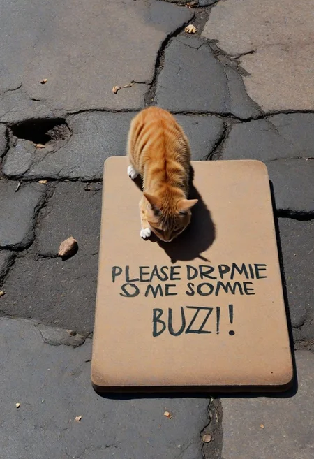 board,text, big board with text,("Please drop some buzz":1.4), outdoors, (sad, cry), poor, wall, street, poor street cat, sitting on ground holding board on hands, from above, high angle, 8k, ultra detailed