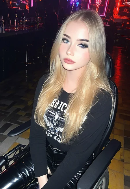 score_9, score_8_up, score_7_up, score_6_up, hyper-realistic, realism, realistic, real life, photorealistic, detailed, highest quality, masterpiece, paralyzed, rsgrl, russian girl, 1girl, igbaddie, (quadriplegia:1.5), (paralysis:1.5), wheelchair girl, sitting, (wheelchair:1.4), powered wheelchair, sitting in a wheelchair, long hair, looking at viewer, eyeliner, ((winged, black eyeliner)) lips, solo, blonde hair, blue eyes, slim, ((reflective skin)), black boots, high boots, realistic, closed mouth, nightclub, moscow, dark lighting,