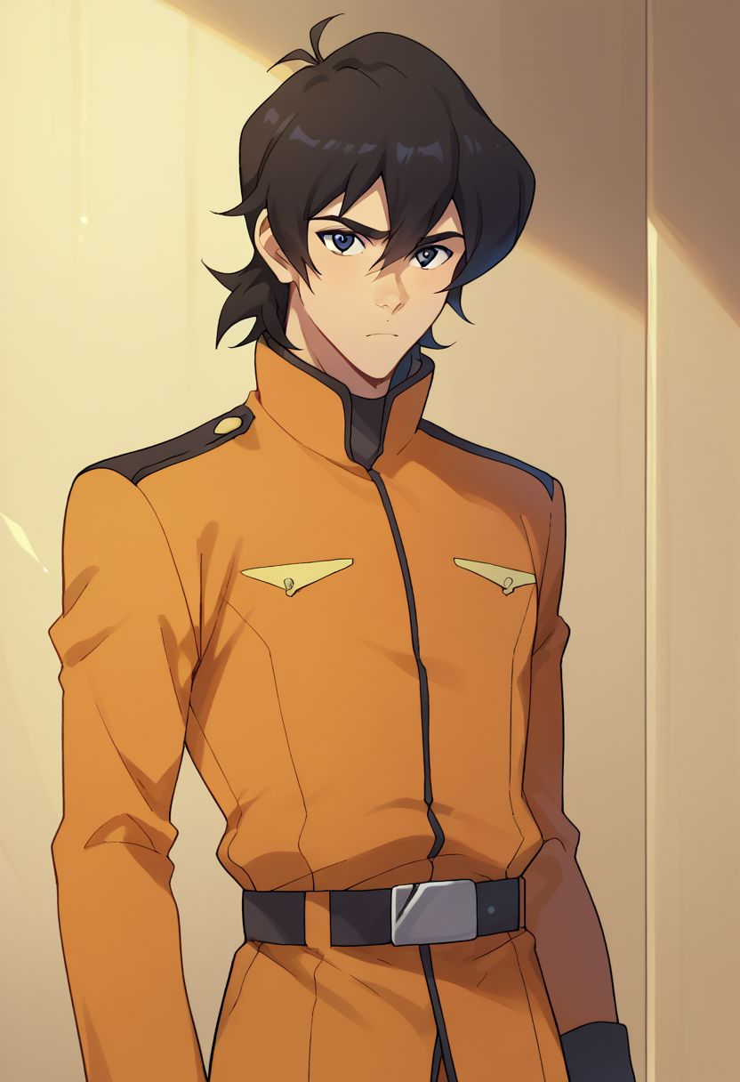 score_9, score_8_up, score_7_up, source_anime, highly detailed, 
keith, 1boy, male focus, solo, black hair, black eyes,  hair between eyes, uniform, military uniform, belt, orange uniform.
indoor, sci-fi,