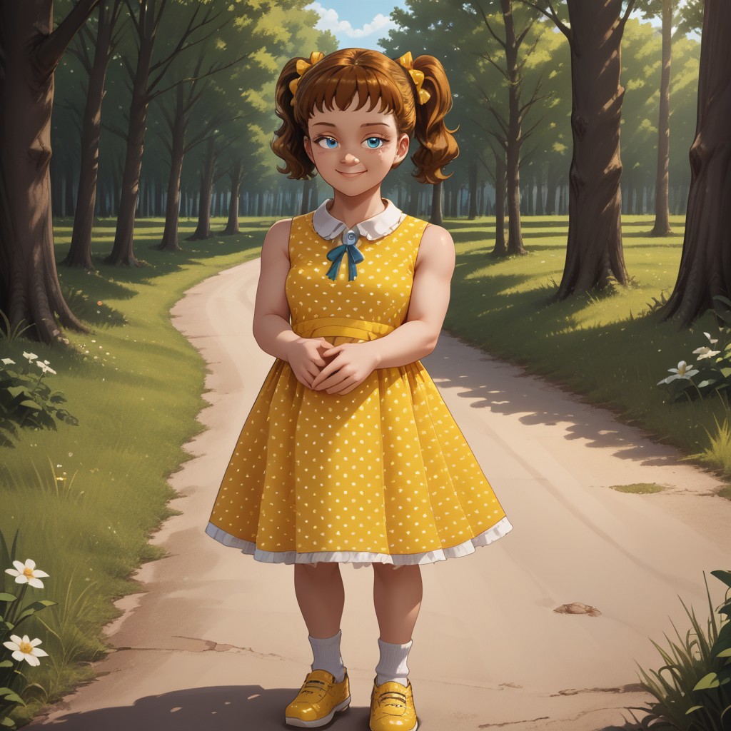 score_9, score_8, BREAK, solo, brown hair, short hair, pigtails, yellow hair bow, blue eyes, freckles, yellow white dotted dress, sleeveless dress, socks, yellow shoes, doll, Gabby_Gabby_(Toy_Story_4), cute, sexy pose, self portrait, smile, outdoors, sunlight, shadows, evening lighting, natural lighting, forest, trees, grass, orange sky, sunset