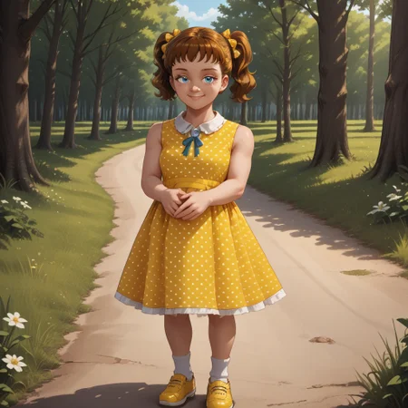 score_9, score_8, BREAK, solo, brown hair, short hair, pigtails, yellow hair bow, blue eyes, freckles, yellow white dotted dress, sleeveless dress, socks, yellow shoes, doll, Gabby_Gabby_(Toy_Story_4), cute, sexy pose, self portrait, smile, outdoors, sunlight, shadows, evening lighting, natural lighting, forest, trees, grass, orange sky, sunset