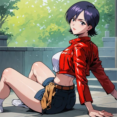 score_9, score_8_up, score_7_up,  <lora:m1k1v1p3r_v2:1> m1k1v1p3r,1girl,solo,red jacket,crop jacket, looking at viewer, black hair,looking at viewer, sitting on the floor