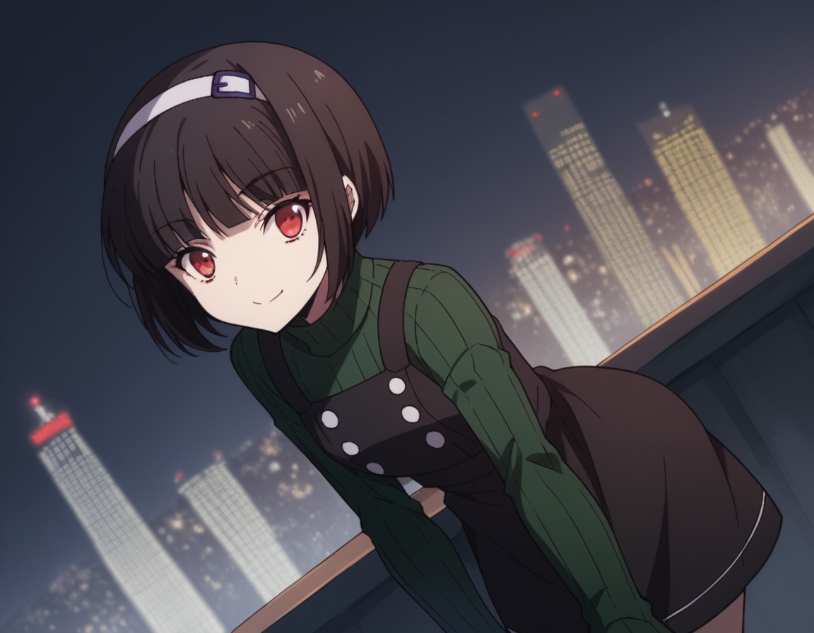 score_9, score_8_up, score_7_up, source_anime,
fumiyakuroba, <lora:fumiya-kuroba-s2-ponyxl-lora-nochekaiser:1>,
fumiya kuroba, black hair, red eyes, short hair,
bangs, dress, hairband, sweater, turtleneck, bob cut, green sweater, black dress,
cityscape, smile, bent over,
looking at viewer, cowboy shot, dutch angle, solo,