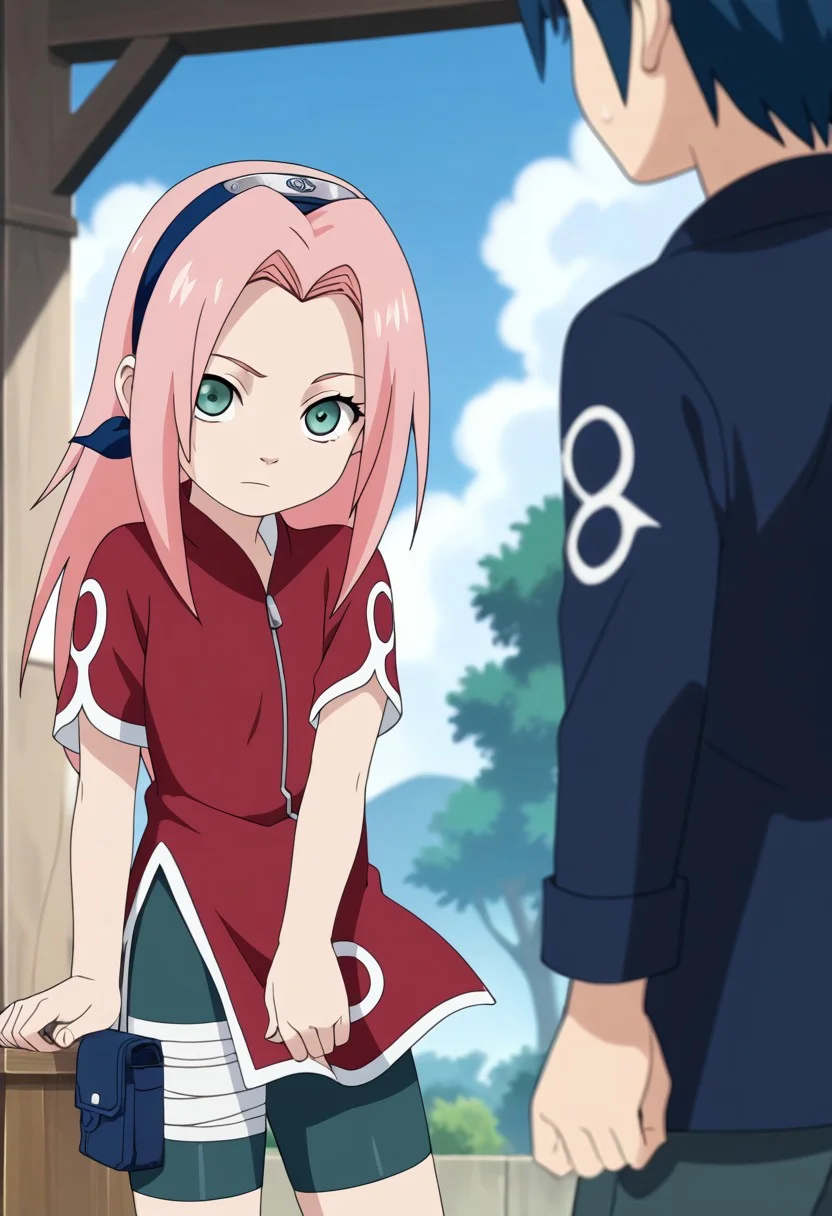score_9, score_8_up, score_7_up, anime screencap, BREAK,
1girl, haruno sakura, pink hair, long hair, green eyes, red qipao, short sleeves, bike shorts,
<lora:SakuraGeninV2PDXL_byKonan:1>, flat chest, young, short, shortstack, age difference,