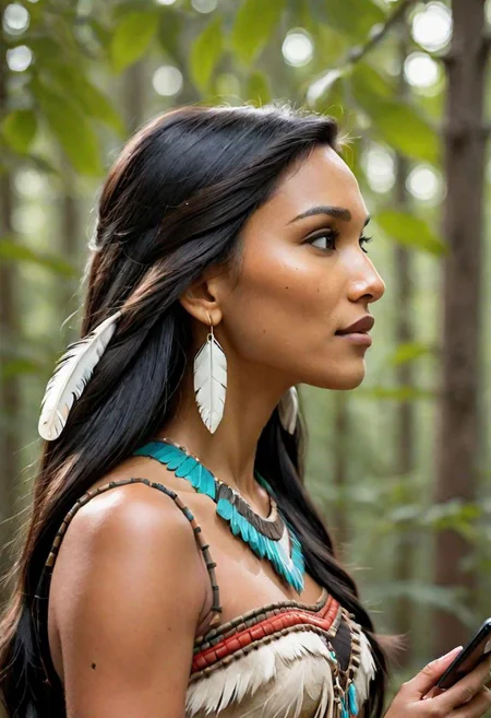 Ultra Realistic, side view, portrait, Pocahontas, scrolling on mobile phone