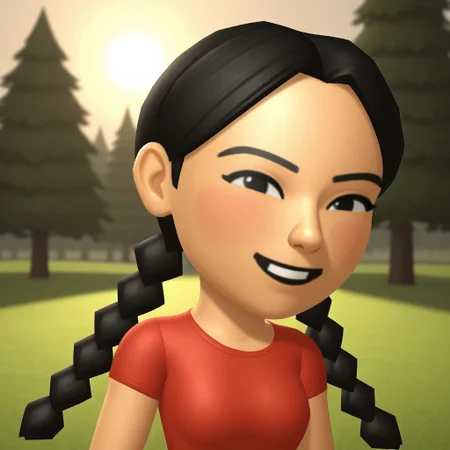 score_9, score_8, BREAK, solo, wii, mii, wii sports, 1girl, female mii, black eyes, black hair, twin braids, black eyebrows, blush, buck tooth, red clothing, black pants, shoes, nintendo mii, modern_mii, classic_mii, breasts, xiao-tong_(wii_sports), cute, sexy pose, smile, outdoors, sunlight, shadows, evening lighting, natural lighting, forest, trees, grass, orange sky, sunset