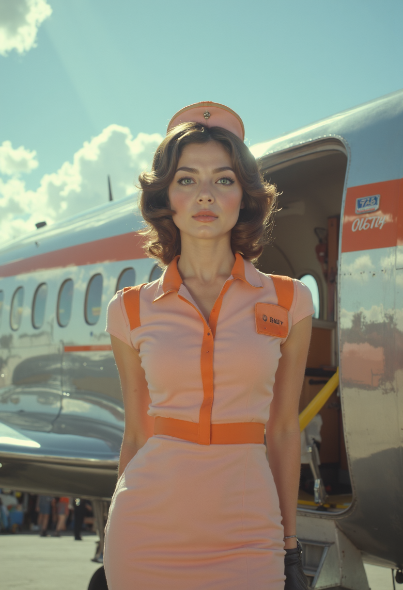 cinematic film still (full body shot:1.25) of young woman, d14m0nd, dressed in the iconic attire of a 1960s airline stewardess, (exiting the door:1.25) of a boing 707 aircraft from the same era. The scene is set against a backdrop of a sunny day at an airport, with the bright blue sky and fluffy white clouds providing a perfect contrast to the sleek, silver airplane.
d14m0nd hair is styled in a neat bob, with subtle waves that frame her heart-shaped face. Her bright red lips are painted into a perfect pout, accentuating her cheekbones and adding a touch of glamour to her overall look. Her eyes, a deep shade of brown, seem to sparkle with excitement as she steps out onto the tarmac.
Her uniform is a crisp, a retro 1960s flight attendant uniform. The uniform consists of a short-sleeved, form-fitting pink dress with orange accents, including a prominent orange stripe running down the front and orange trim around the collar and sleeves. She wears a matching orange pillbox hat with a slight tilt. Her outfit is complemented by beige tights and orange, chunky-heeled shoes, giving her an air of professionalism and poise.
As she walks out of the (boing 707 airplane:1.25), the sunlight catches her hair, making it shine with a warm, golden light. The camera captures this moment perfectly, using a shallow depth of field to blur the background and focus attention on the woman's face and figure. The lens is set to 50mm, providing a wide angle that takes in the entire scene without distorting any of its elements.
The image is shot in a neutral color palette, with the bright blue sky and white clouds providing a subtle contrast to the silver airplane and the woman's uniform. The overall mood of the image is one of serenity and contentment, as if the woman has just finished a long flight and is feeling relieved and happy to be back on solid ground.
In terms of technical qualities, the image should have a high level of detail and realism. The textures of the airplane and the woman's uniform should be rendered in exquisite detail, with subtle nuances that give the image a sense of depth and dimensionality. The lighting should be soft and natural, with no harsh shadows or artificial highlights.
To emphasize these qualities, I would like to add a quality-boosting suffix that emphasizes photorealistic details, high resolution, and professional photography aspects. . shallow depth of field, vignette, highly detailed, high budget, bokeh, cinemascope, moody, epic, gorgeous, film grain, grainy