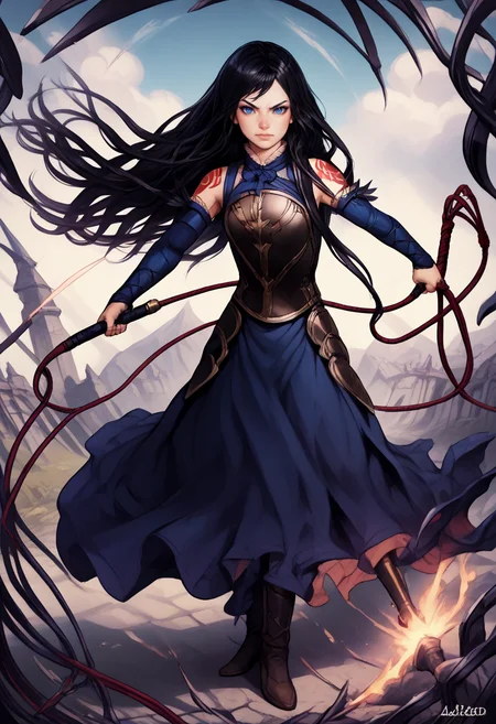 score_9, score_8_up, score_7_up, BREAK, score_9, <lora:pony_good_hands:1>, <lora:whip:0.5>, <lora:shanoa:1> shanoa, long hair, black hair, blue eyes, tattoo, calm face, cute face, calm look, young, good_hands, fighting stance, whip, whipping, full body, absurdres,