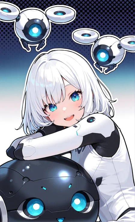 masterpiece, sharp detail, intricate detail, 1girl, medium hair, white hair, blue eyes, smile, from side, looking at viewer, facing viewer, sitting, elbow rest, drone, open mouth, upper body, <lora:Improved Anime Drones:0.8> science fiction, (white outline, outline, thick outline:1.5), (polka dot background. big polka dot, ), gradient background, soft gradient,