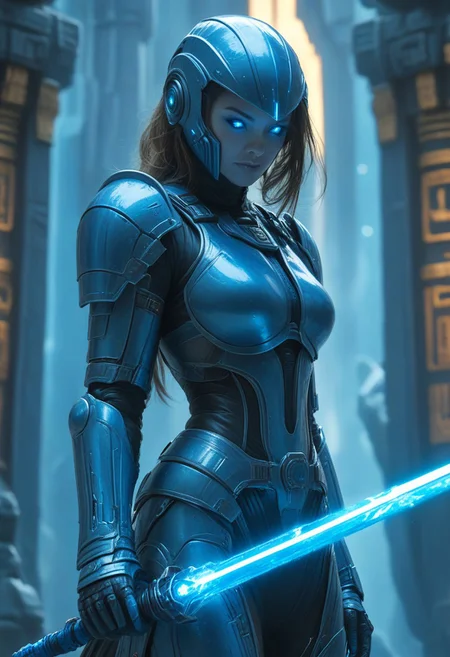1woman, heavy scifi armor, Holding Plasma Sword, blue plasma sword, temple background,