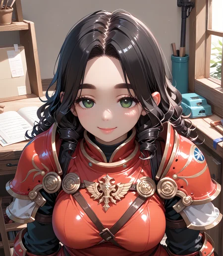 PonyScores7, source_anime, ah1, BREAK 1girl, (curly hair), long hair, (black hair:1.3), mature female, (parted hair:1.7), (round face:1.2), (fringe:-0.5), (bangs:-0.5), (hair between eyes:-0.5), (thick eyebrows), (curvy), round-chin, (greenish hazel eyes), caucasian, (downturned eyes:1.2), (plump face), <lora:ETO_OCPonyXL:0.5> eto_oc, skindentation, (plump), thick thighs, wide hips, busty, voluptuous, kinky curls, lips, <lora:venus body PonyXL:0.4>, (sleepy, drooping eyelids, half-closed eyesgently, smile, shy), (coming to life), (Workshop of Creation), looking at viewer, <lora:edgArmoredPony:0.8> (lincoln green War_Glam, all purpose warrior armor), BREAK <lora:xl_more_art-full_v1:0.2>, <lora:shinyskin2:0.2> glistening skin, <lora:aesthetic_anime_v1s:0.2>, <lora:Expressive_H:0.2> Expressiveh, <lora:hairdetailpxl:0.2> hairdetailpxl, <lora:EpicF4nta5yXL:0.2>, <lora:detailxl:0.2> detailxl, <lora:Fant5yP0ny:0.2>, best quality, amazing quality, best aesthetic, absurdres, <lora:expressive eyes:0.2> expressive eyes, <lora:eyedetailpxl:0.2> eyedetailpxl, illustration, Volumetric_Lighting, ultra-detailed, very aesthetic, intricate details, 8k, masterpiece, best_quality, BREAK (Aerial View extreme distance shot), BREAK <lora:Eyes_High_Definition:0.3> EyesHD, Stable_Yogis_PDXL_Positives, AS-Adult, <lora:Complicated fantasy portrait - XL Pony V2.0:0.4>, bad-hands-5,