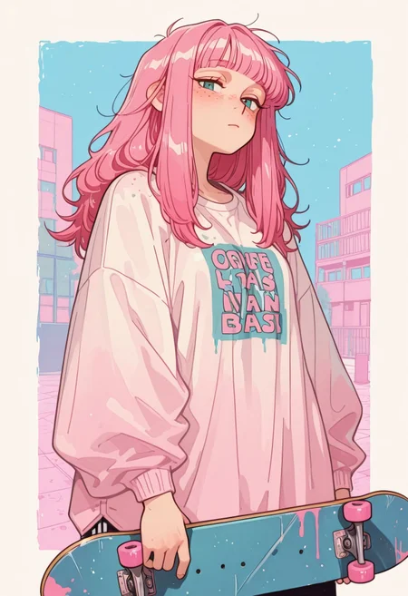 1girl, solo, looking at viewer, holding skateboard,
freckles, standing, long hair, messy hair, blunt bangs, pink hair,
baggy clothes,

pink, white, blue,
painted_background,
concrete, skatepark,

Kenorland, kenorland, artist:moriimee, 748cmstyle, Bl3th3bn3_Styl3_SKNSFW,