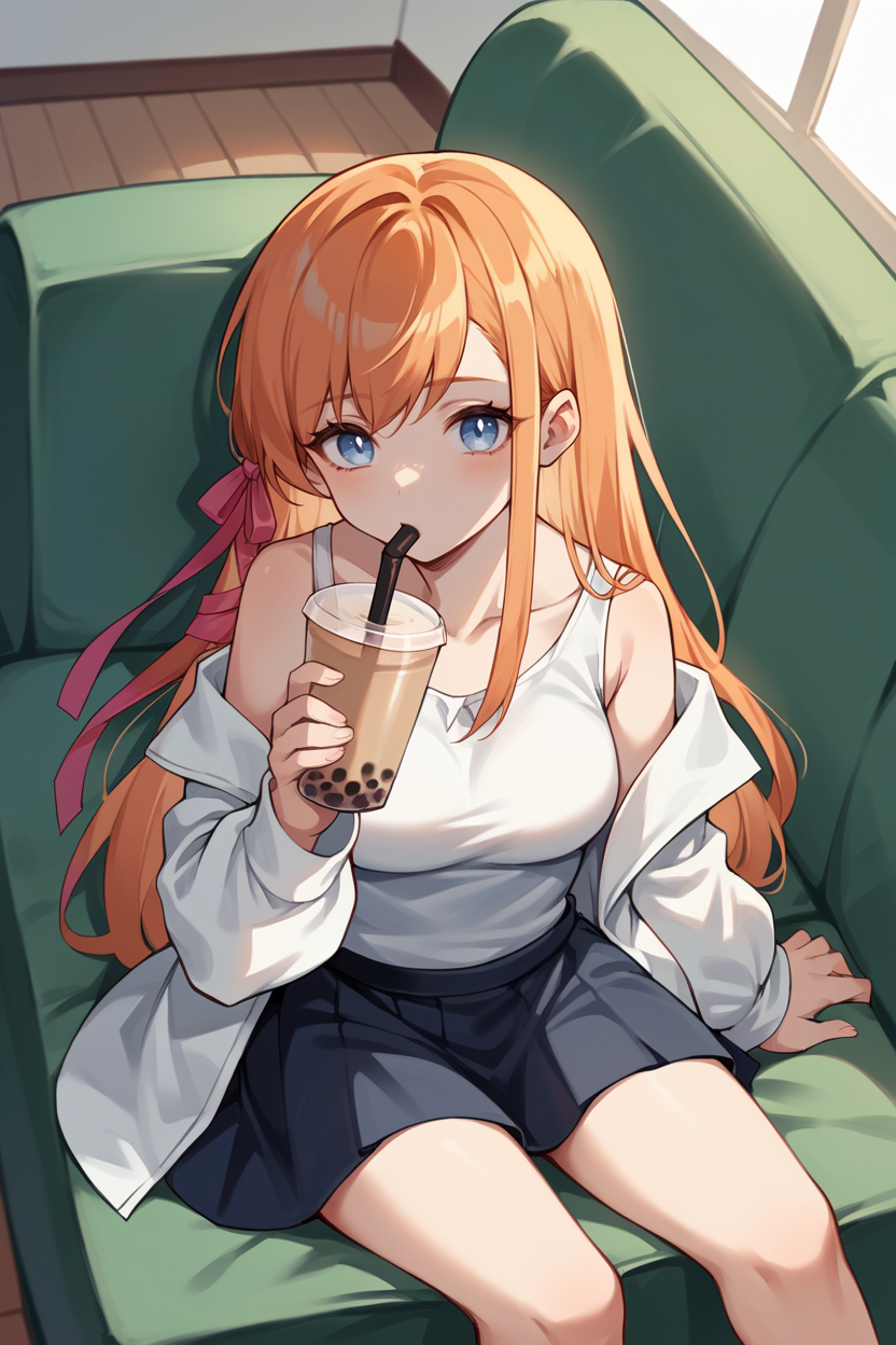 score_9, score_8_up, score_7_up, score_6_up, source_anime, BREAK 1girl  <lora:ryne-pdxl-nvwls-v1:1> ryne, orange hair, blue eyes, hair ribbon, bubble tea, drinking, white tank top, skirt, couch, sitting, looking at you,