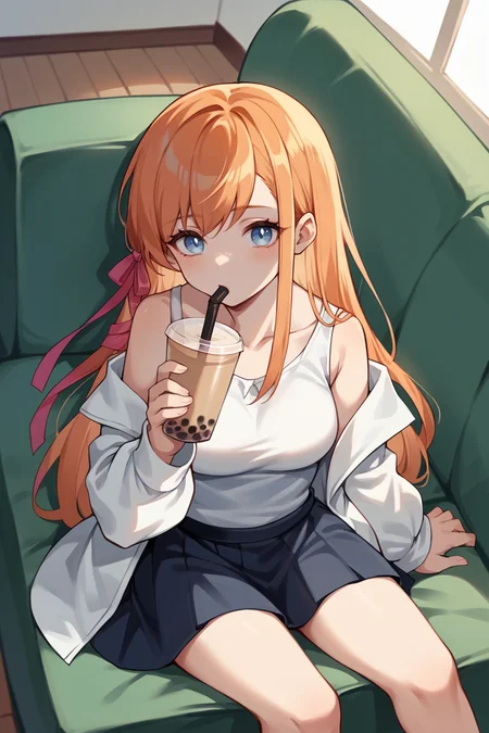 score_9, score_8_up, score_7_up, score_6_up, source_anime, BREAK 1girl <lora:ryne-pdxl-nvwls-v1:1> ryne, orange hair, blue eyes, hair ribbon, bubble tea, drinking, white tank top, skirt, couch, sitting, looking at you,