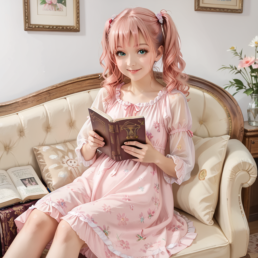 sitting, on sofa, reading a book,  1woman, pink hair, high ponytails, smile, photo pose,  basic Victorian nightgown, pink dress, floral print, short see-through sleeves,  <lora:Casual floral dress:1>