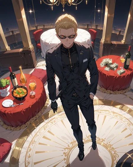 score_9, score_8_up, score_7_up, score_6_up, source_anime, rating_explicit, ah1, best quality, (masterpiece:1.4), (high quality:1.4), sharp focus, 4k, absurd resolution, <lora:albertwesker-guy-PONYv1:0.8> albertwesker, albert wesker, 1boy, solo, blonde, black gloves, sunglasses, belt, pants, black coat, black pants, looking at viewer, toned, athletic, fit, slicked back hair, black turtleneck, zipper, mature male, (graphene textured clothes), black boots, (corrupt banker, business suit with a ledger of laundered money), (Noble's Pavilion, Lavish tent adorned with silken curtains, plush cushions arranged in a circle, a table laden with delicacies and fine wines, servants standing ready to attend to the guests, and the sound of laughter and conversation filling the air), bad-hands-5, ((contempt face expression expression)), <lora:xl_more_art-full_v1:0.4>, <lora:shinyskin2:0.3> glistening skin, <lora:aesthetic_anime_v1s:0.4>, <lora:Expressive_H:0.4> Expressiveh, <lora:hairdetailpxl:0.4> hairdetailpxl, <lora:EpicF4nta5yXL:0.4>, <lora:detailxl:0.4> detailxl, <lora:Fant5yP0ny:0.4> (Dutch Angle (from the side) view Close shot (focus on waist)), (fall suit), (focused, intense glare), slit pupils, short hair, (reddish orange eyes), <lora:YusufDikecGunPose_pdxl_Incrs_v1:0.8> holding weapon, holding gun, handgun, hand in pocket, aiming, full body, illustration, Volumetric_Lighting, ultra-detailed, very aesthetic, intricate details, absurdres, 8k, masterpiece, best_quality,