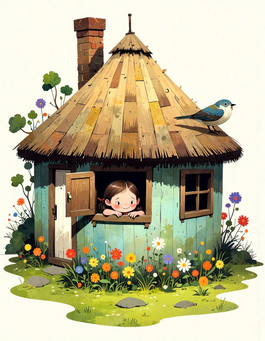 ppstorybook,A hand-drawn illustration of a small, circular cottage with a straw roof and a garden filled with colorful flowers. A young girl with braided hair and a playful smile leans out of the open window, her hands resting on the sill. A curious bird perches nearby, looking at her.