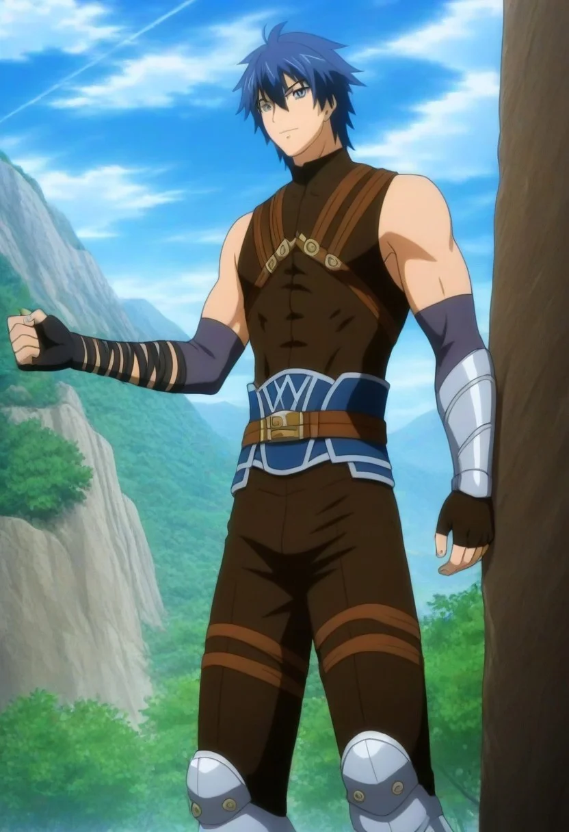 ((masterpiece)), ((best quality)), ((ultra-detailed)), ((absurdres)), score_9_up, score_8_up, score_7_up,
HD, top quality, best quality, amazing quality, High-quality illustrations, anime screencap, source_anime, best aesthetic, perfect proportions, perfect eyes, 1boy, 1male, solo boy, solo male, male focus, solo male focus, Anime, boy, male anime character, anime boy, handsome, sexy, cute, charming, ((tall body, tall height)), ((lean body, slim body, toned body)), Akatsuki Ousawa, blue hair, blue eyes, brown shirt, sleeveless, elbow pads, arm straps, fingerless gloves, brown pants, multiple thigh straps, knee plate, silver greaves, brown shoes, easynegative, updn, Expressiveh, masterpiece, best quality, very aesthetic, absurdres, ((full body shot, head to feet shot)), ((standing)), ((mountains, nature, clear blue sky, clouds))