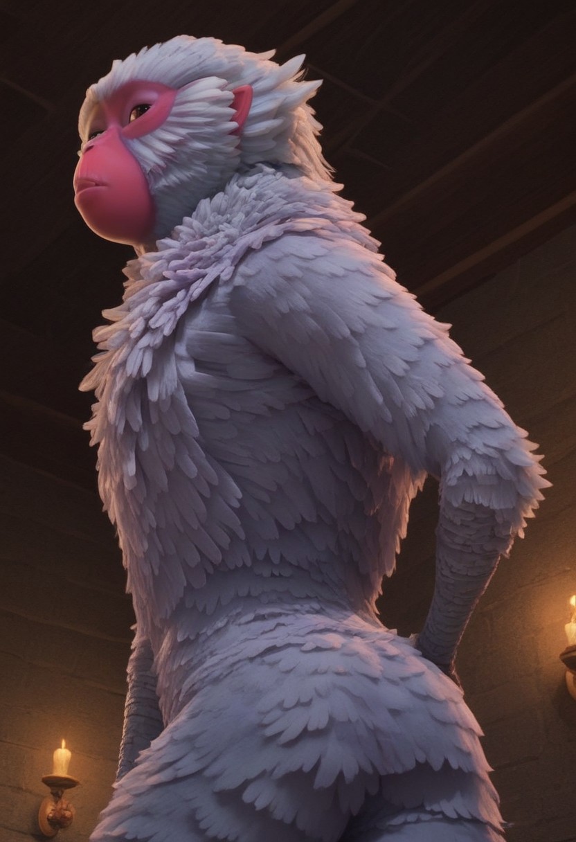 1girl, furry, female japanese macaque, ape, primate girl, anthro, white fur, dark pink skin, pink ears, brown eyes, grey hands, grey feet, Expressiveh, realistic, 3d, score_8_up, score_7_up, BREAK, 1girl, solo, cute, from behind, looking back, from below, hands on hips, head tilt, looking at viewer, detailed background, 4k, masterpiece, best quality, highly detailed, realistic, low-angle shot