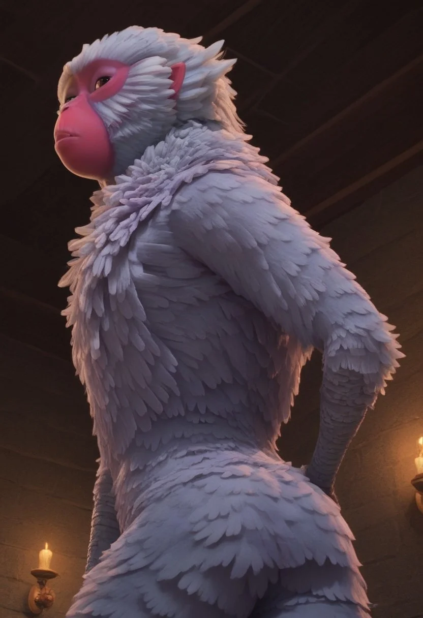 1girl, furry, female japanese macaque, ape, primate girl, anthro, white fur, dark pink skin, pink ears, brown eyes, grey hands, grey feet, Expressiveh, realistic, 3d, score_8_up, score_7_up, BREAK, 1girl, solo, cute, from behind, looking back, from below, hands on hips, head tilt, looking at viewer, detailed background, 4k, masterpiece, best quality, highly detailed, realistic, low-angle shot
