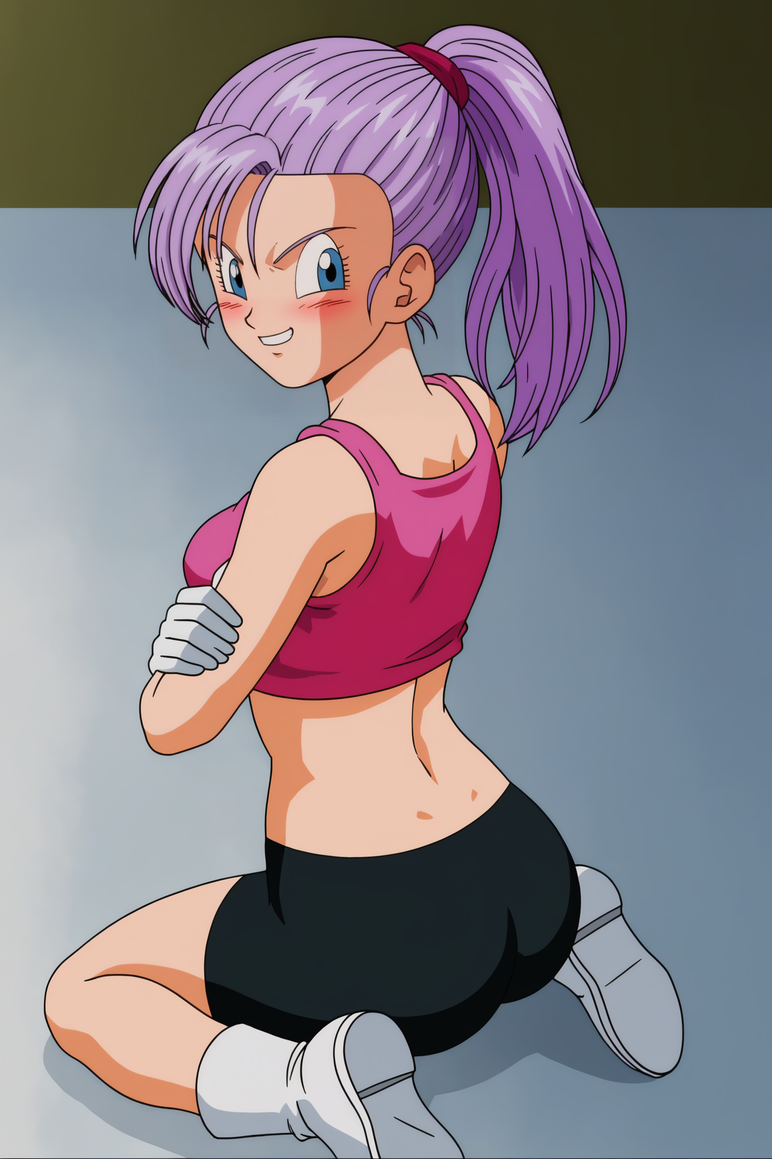 source_anime, score_9, score_8_up, score_7_up, anime screencap, absurdres, high quality,
bra \(dragon ball\), multiverse, official style, 1girl, solo, breasts, blush, smile, blue eyes, white gloves, sitting, ponytail, purple hair, ass, boots, midriff, looking back, grin, purple tank top, wariza, white footwear, bike shorts, hand on own knee, grabbing own arm, from behind
<lora:Bra_v2:0.8>