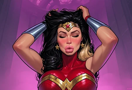 masterpiece,best quality, highly detailed, score_9, score_8_up, score_7_up, score_6_up, score_5_up, score_4_up, Expressiveh, ((solo)), standing, temple, indoors, face focus, portrait,
1girl, wonder woman, multicolored hair, blonde hair, black hair, superhero costume, aroused, blush, moaning, pink fog, thick fog, ((thick lips, puffy lips, bimbo lips)), hands in hair,
<lora:Expressive_H:0.65> <lora:Meinfischer:0.5> <lora:incase-ilff-v3-4:0.5> <lora:Smooth Style 2 SDXL_LoRA_Pony Diffusion V6 XL:0.25> <lora:Implants2:1>